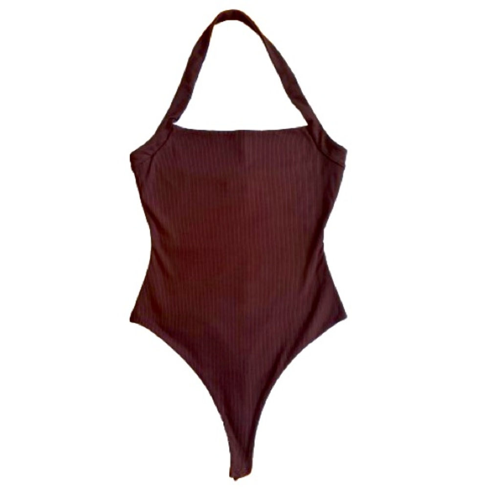 NWOT Naked Wardrobe Snatched Ribbed Halter Chocolate Brown Bodysuit Size L - Picture 2 of 7